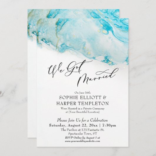 Invitation Nous Nous Sommes Mariés Réception Turquoise & Or E (Devant / Derrière)