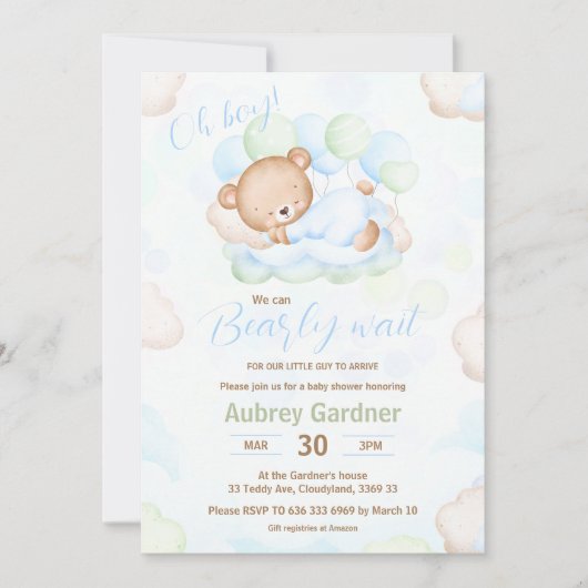 Invitation Nous pouvons à peine attendre Ours Bleu Vert Garço (Devant)