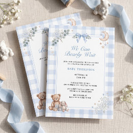 Invitation Nous pouvons à peine attendre Ourson en vichy bleu