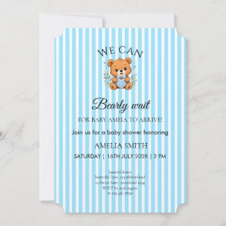 Invitation Nous pouvons à peine attendre Teddy Bear Bleu rayé