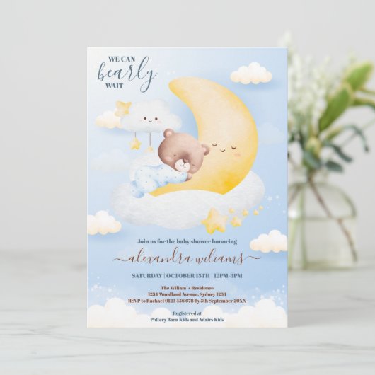 Invitation Nous Pouvons Attendre Moderne Ours Bébé Garçon Dou (Debout devant)