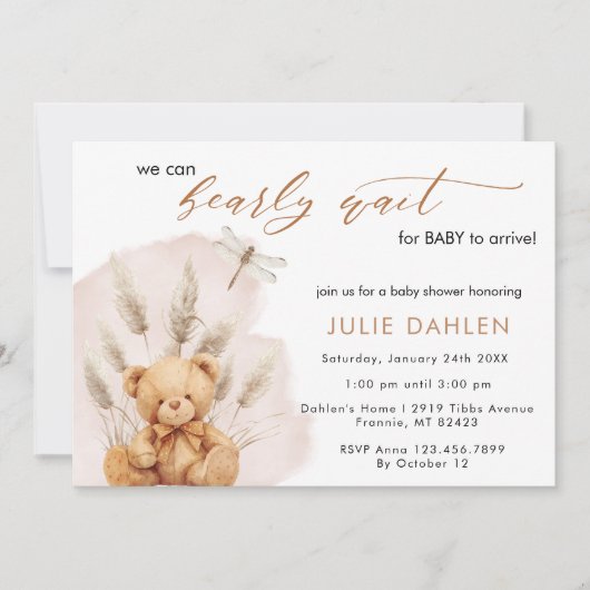 Invitation Nous Pouvons Attendre Pampas Baby shower Ours D'He (Devant)