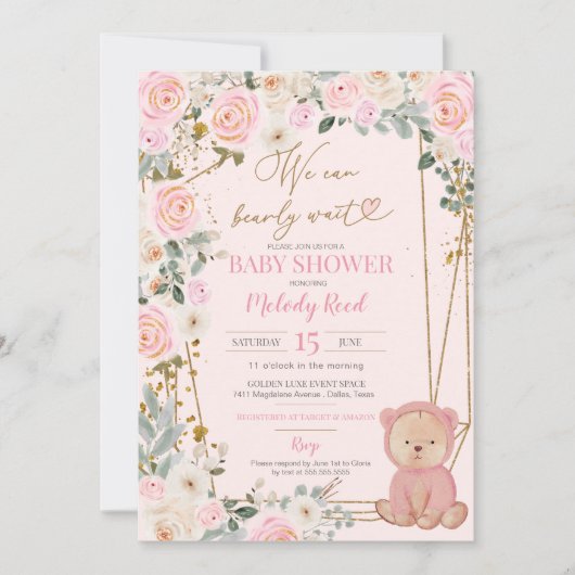 Invitation Nous Pouvons Attendre Pink Teddy Bear Baby shower  (Devant)