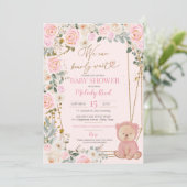 Invitation Nous Pouvons Attendre Pink Teddy Bear Baby shower  (Debout devant)