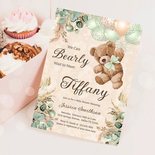 Invitation Nous pouvons attendre vert Teddy Bear Baby shower