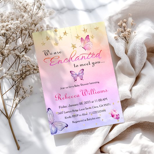 Invitation Nous Sommes Enchantés Baby shower Papillon Violet
