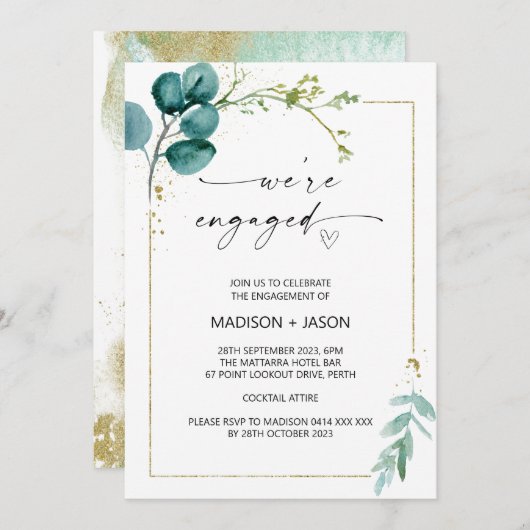 Invitation Nous sommes Engaged Engagement Party Green and Gol (Devant / Derrière)