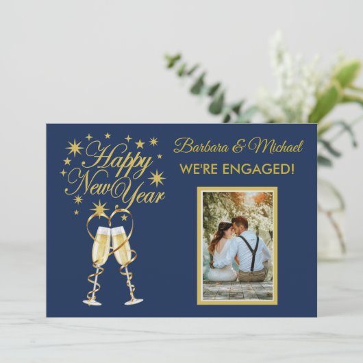 Invitation Nous sommes fiancés Bonne année Or Bleu Photo (Debout devant)