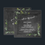 Invitation Nous sommes mariés Bouquet de verdure avec texte s<br><div class="desc">Cette charmante invitation de réception de mariage ou de réception seule présente un fond de tableau noir ainsi qu'un badge en superposition de tableau noir carré encadré entre lesquels j'ai placé des bouquets désordonnés de verdure à l'aquarelle. En utilisant une police de caractères élégante, tourbillonnante et moderne, j'ai rendu les...</div>