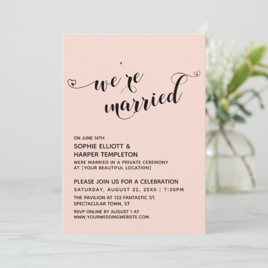 Invitation Nous sommes mariés Coeurs de script Rose réception (Debout devant)