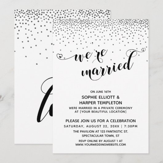 Invitation Nous sommes mariés Cœurs Script Argent Confettis F (Devant / Derrière)
