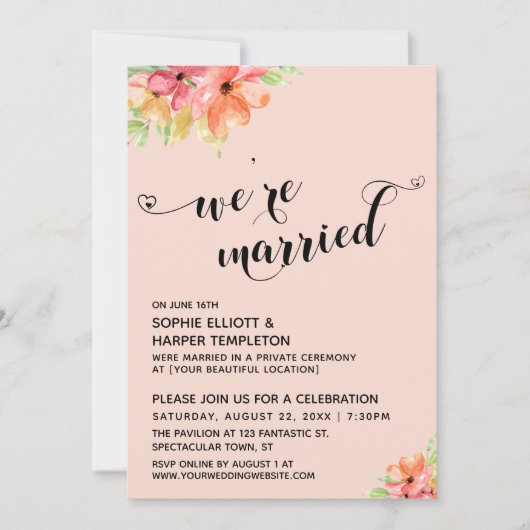 Invitation Nous sommes mariés Cœurs Script Rouge Boho Florale (Devant)