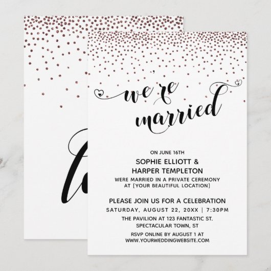 Invitation Nous sommes mariés Écriture Rose Gold Confettis Ré (Devant / Derrière)