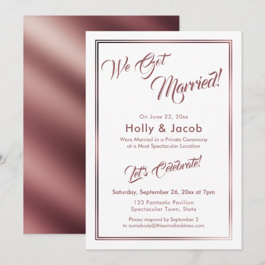 Invitation Nous sommes mariés Rose Gold Over White, Réception (Devant / Derrière)