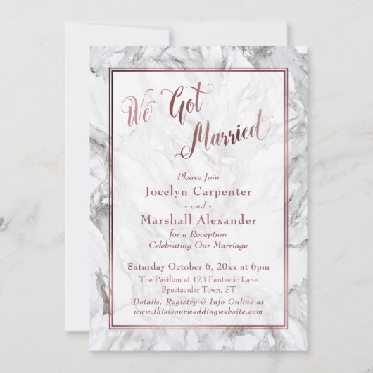 Invitation Nous sommes mariés Rose Or Script Marbre Réception (Devant)