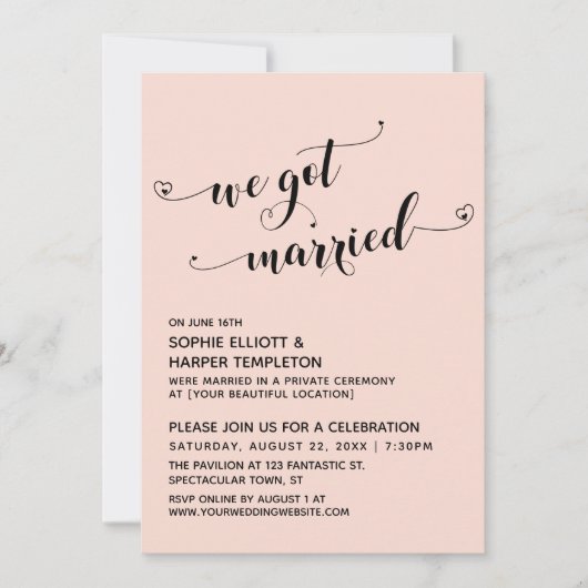 Invitation Nous sommes mariés Script Blush Réception Coeurs (Devant)