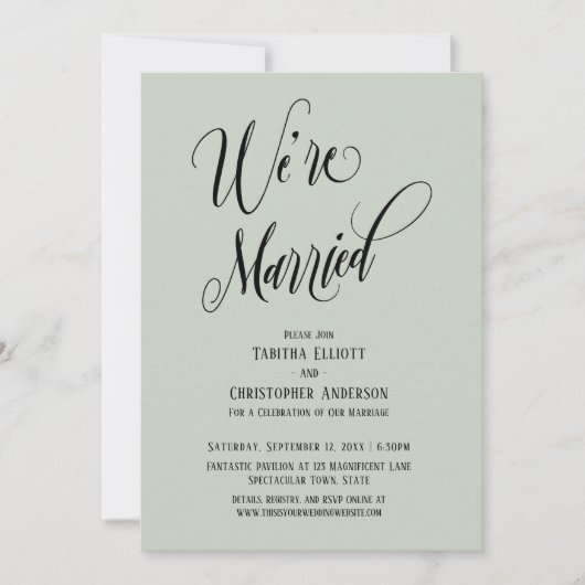 Invitation Nous sommes mariés Script Élaboré, Vert Sauge Clai (Devant)