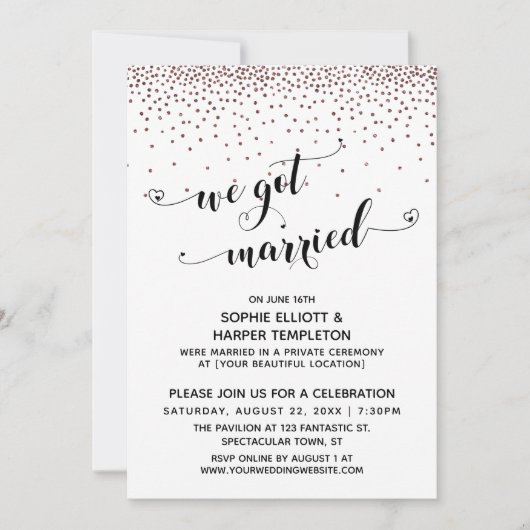 Invitation Nous sommes mariés Script Rose Confettis dorés Réc (Devant)