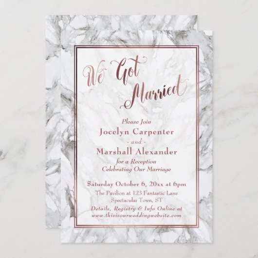 Invitation Nous sommes mariés Script Rose Gold en marbre de l (Devant / Derrière)