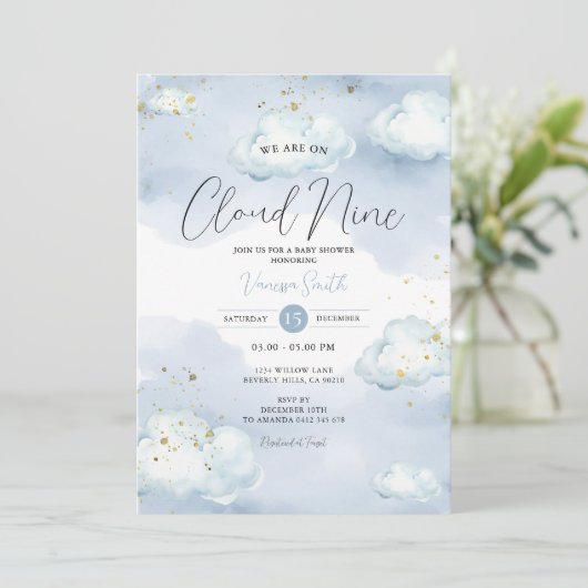 Invitation Nous Sommes Sur Cloud Neuf Baby shower Bleu Partie (Debout devant)
