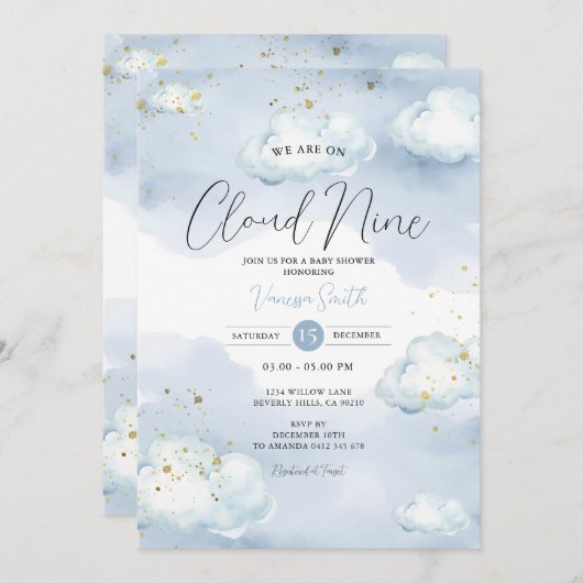 Invitation Nous Sommes Sur Cloud Neuf Baby shower Bleu Partie (Devant / Derrière)