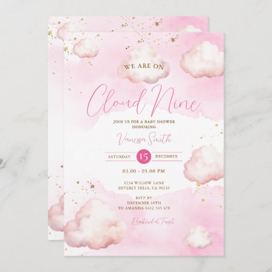 Invitation Nous Sommes Sur Cloud Neuf Baby shower Rose Partie (Devant / Derrière)