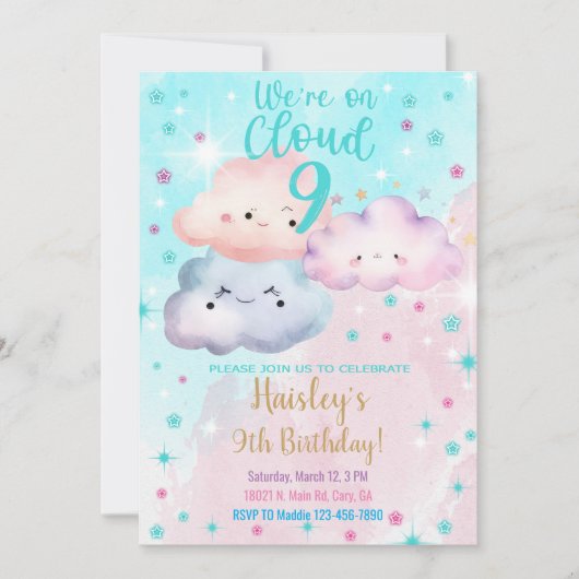 Invitation Nous sommes sur Cloud Nine fille 9ème anniversaire (Devant)