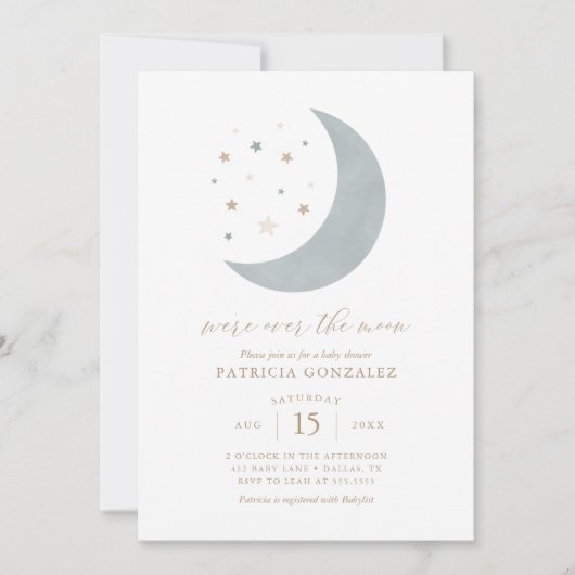 Invitation Nous sommes sur la Lune Blue Gold Boy Baby shower (Devant)