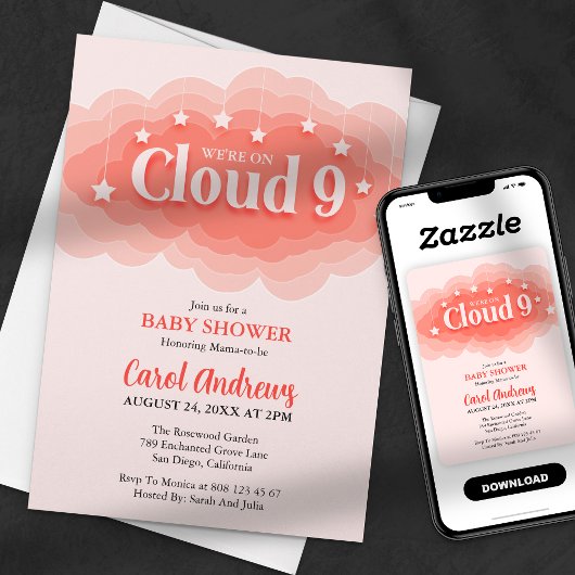 Invitation Nous sommes sur le Baby shower rose neuf nuages