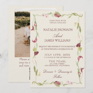 Invitation Nouveau Art Floral Vintage Photo QR Code Mariage