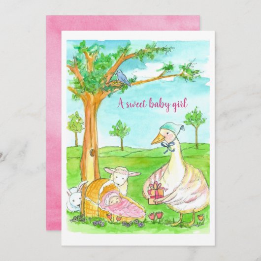 Invitation Nouveau bébé Douche fille Fée Conte Animaux (Devant / Derrière)