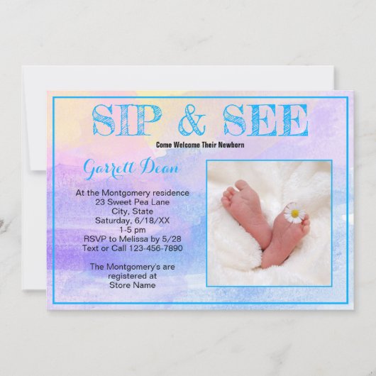 Invitation Nouveau bébé en bleu "Sip and See" Photo Party per (Devant)