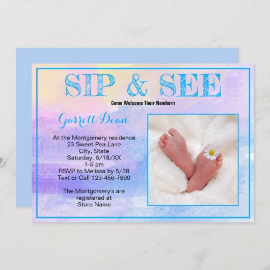Invitation Nouveau bébé en bleu "Sip and See" Photo Party per (Devant / Derrière)