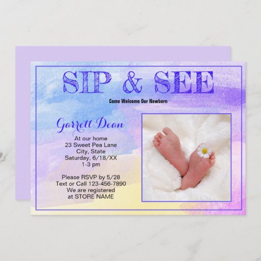 Invitation Nouveau bébé en violet "Sip and See" Photo Party (Devant / Derrière)