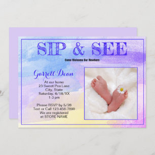 Invitation Nouveau bébé en violet "Sip and See" Photo Party