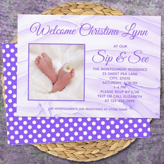 Invitation Nouveau Bébé Purple "Sip and See"