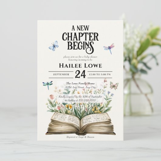 Invitation Nouveau chapitre commence Baby shower Fleur sauvag (Debout devant)