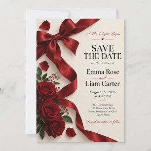 Invitation Nouveau Chapitre Ruban Rouge Rose Save the Date