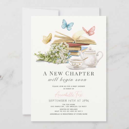 Invitation Nouveau Chapitre Tea Set Papillons Livre Baby show (Devant)