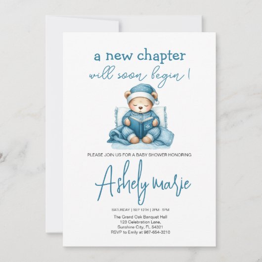 Invitation Nouveau Chapitre Teddy bleu garçon baby shower Our (Devant)