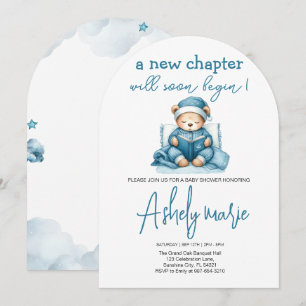 Invitation Nouveau Chapitre Teddy bleu garçon baby shower Our