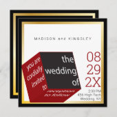 Invitation Nouveau High Tech Noir | Cube Épique Mariage Rouge (Devant / Derrière)