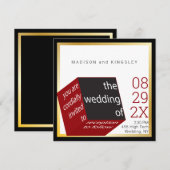 Invitation Nouveau High Tech Noir | Mariage Épique Cube Rouge (Devant / Derrière)