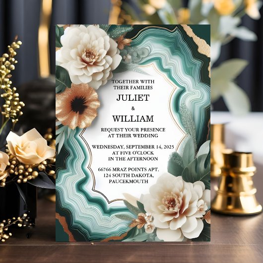 Invitation Nouveau Marbre Monstera Emerald Vert Et Or Mariage