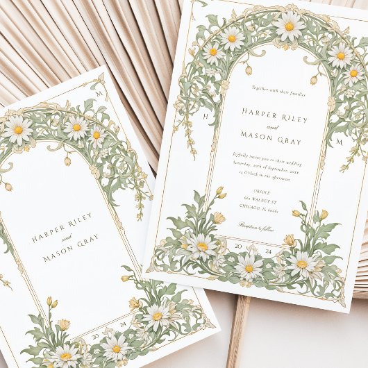 Invitation Nouveau Mariage de marguerites en ivoire et vert