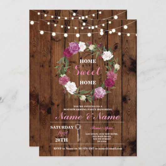 Invitation Nouveau ménage doux Accueil clé bois Rustique Invi (Devant / Derrière)