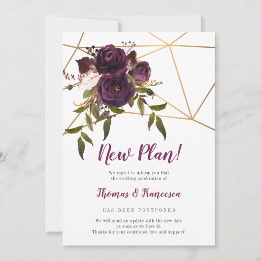 Invitation Nouveau plan ! Plum Floral Mariage reporté géométr (Devant)