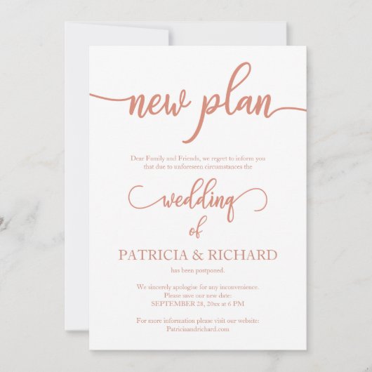 Invitation Nouveau Plan Reporté Mariage Elegant Rose Gold (Devant)