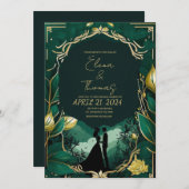 Invitation Nouveau Romantique Golden et Emerald Green (Devant / Derrière)