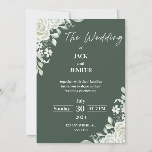 Invitation Nouveau Sage vert moderne avec Mariage simple blan (Devant)